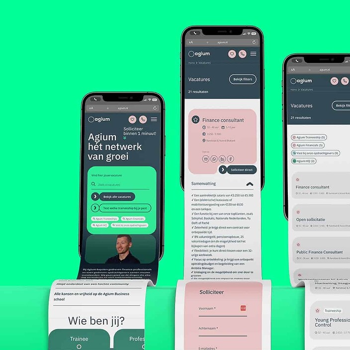 Mobiele designs van de nieuwe website die Sturdy Digital ontwikkelde voor Agium.nl