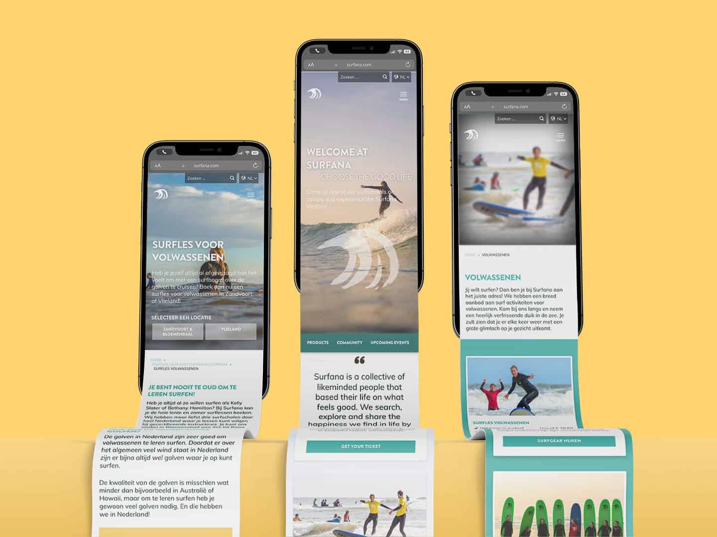 Mobiele designs van de nieuwe website die Sturdy Digital ontwikkelde voor Surfana.