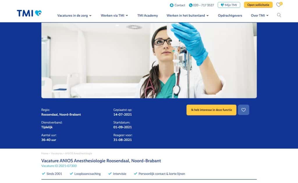 Vacaturepagina design van de nieuwe website die Sturdy Digital ontwikkelde voor TMI.