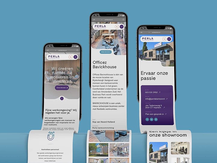 Mobiele designs van de nieuwe website die Sturdy Digital ontwikkelde voor Perlakantoor.nl