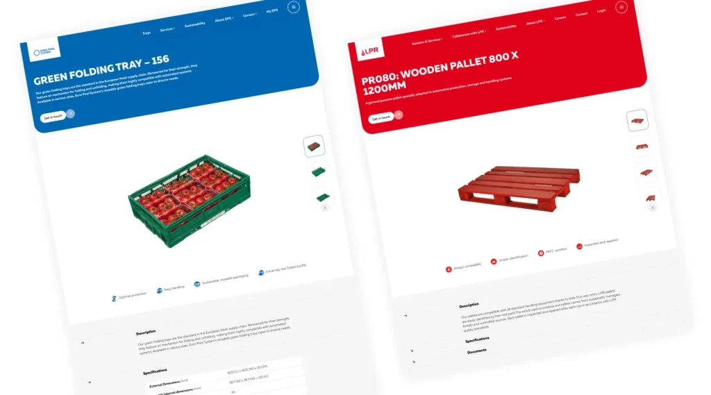 Twee webpagina's van Euro Pool met daarop producten.