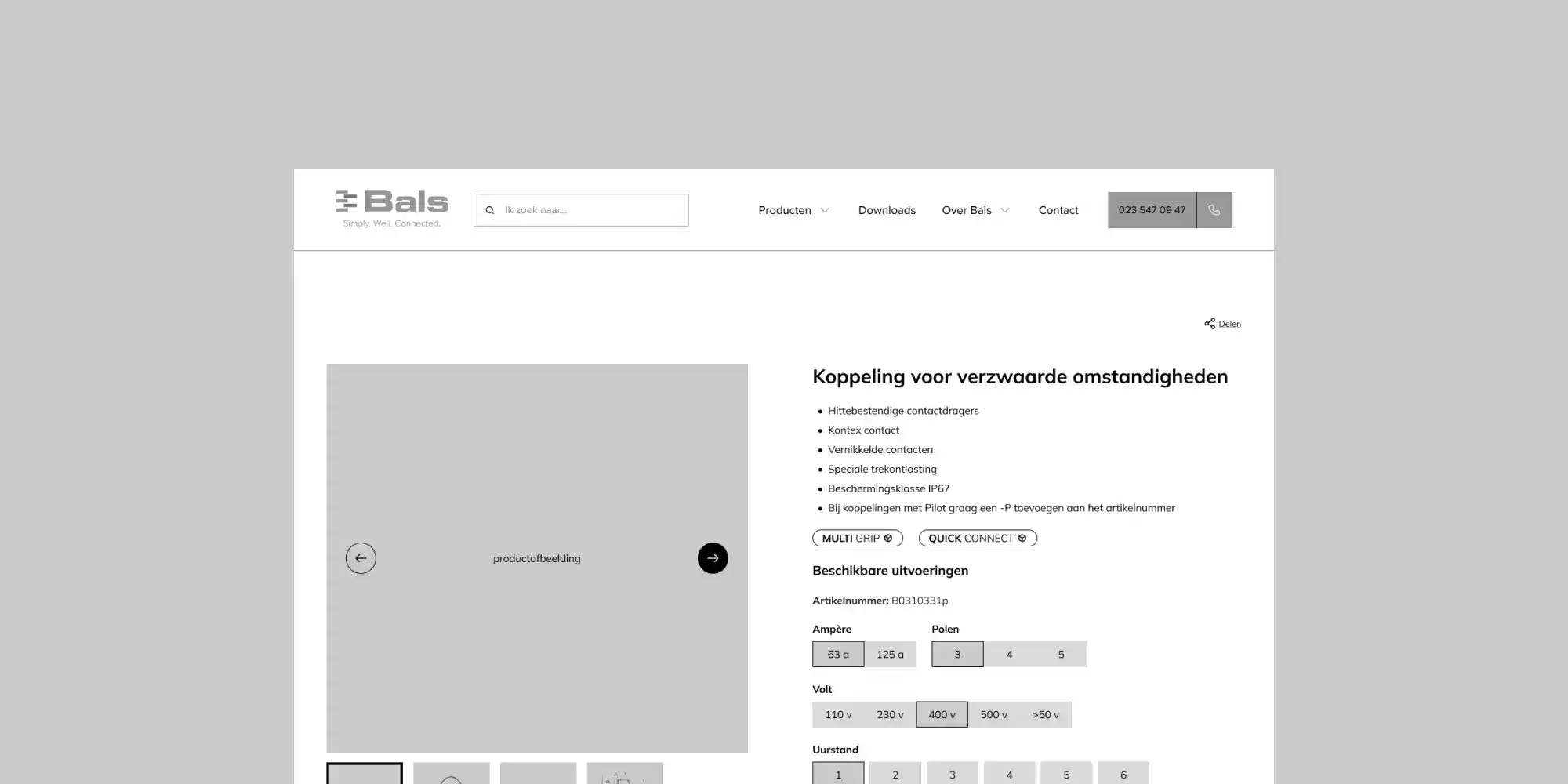 Een wireframe van een productpagina van de website van Bals.