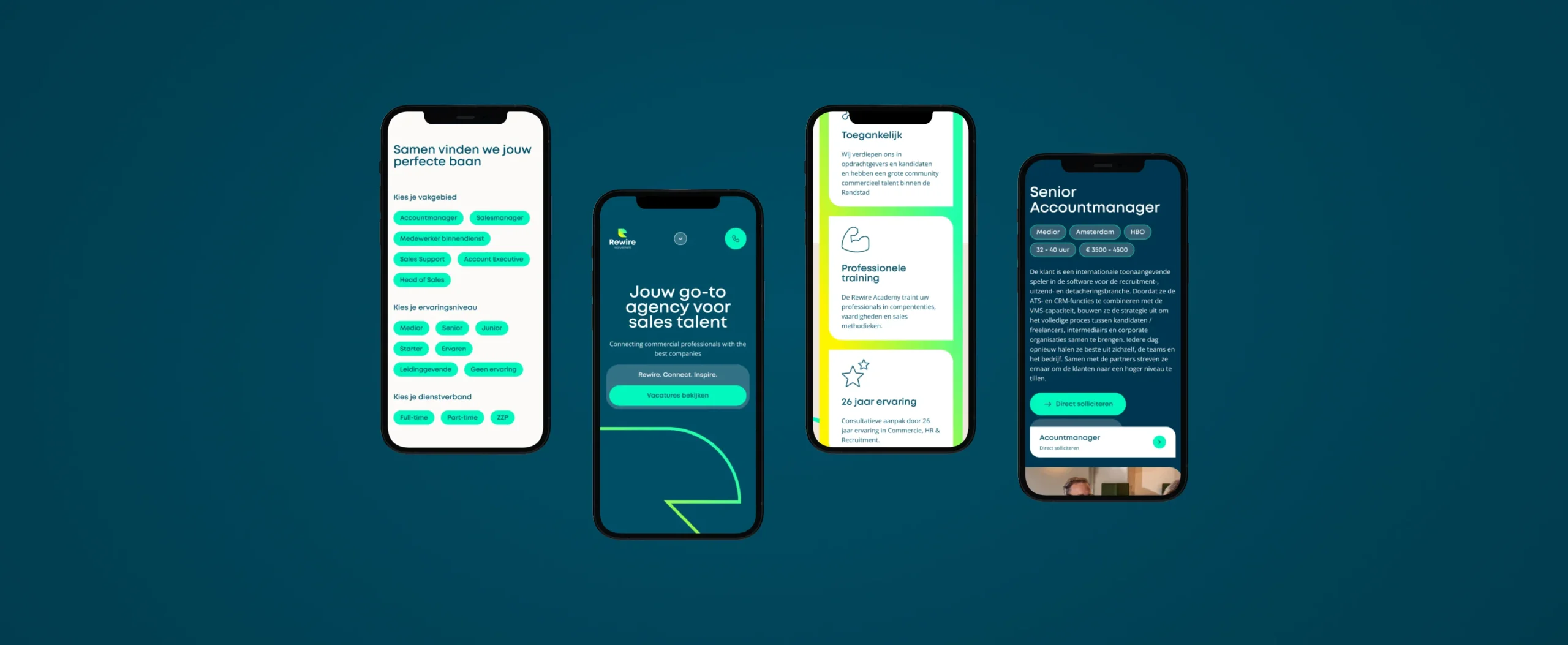 Verschillende pagina's van Rewire Recruitment getoond op een iPhone.