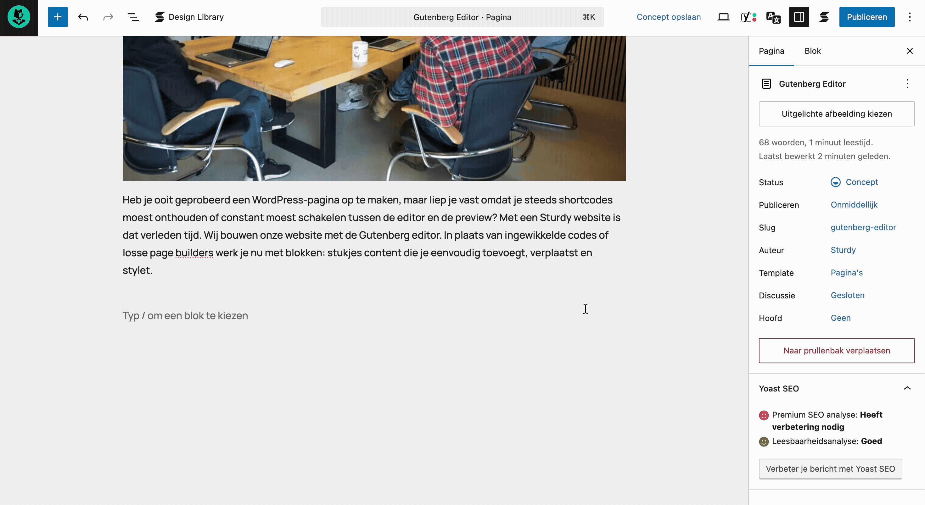 In de Gutenberg editor kun je eenvoudig een afbeelding toevoegen aan een pagina.