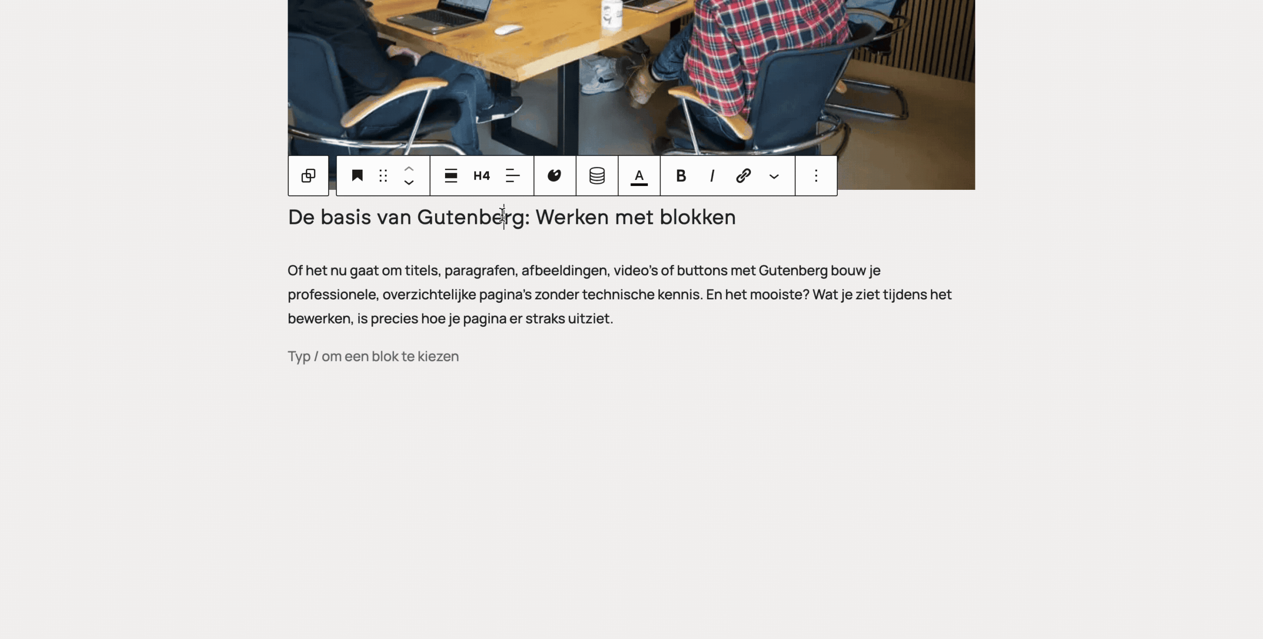 Via de Gutenberg-editor kun je makkelijk een koptekst veranderen van een H4 naar een H2.