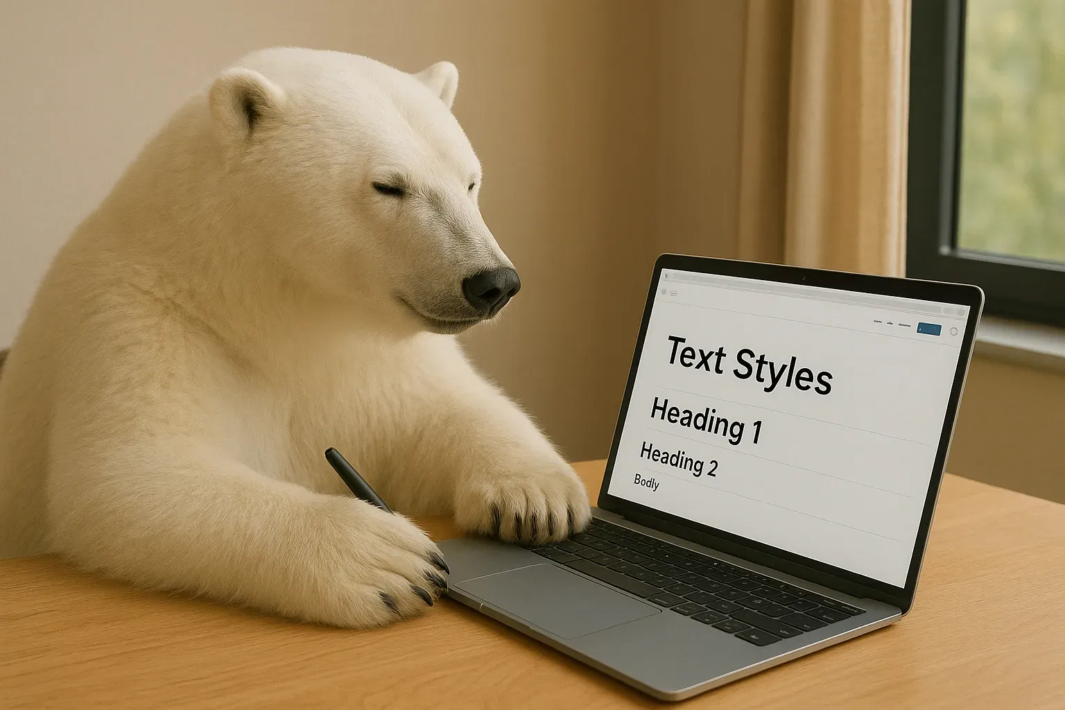 Alt tekst: Slapende ijsbeer die een laptop bedient met tekststijlopties voor effectieve digitale marketing.