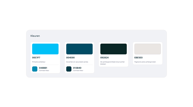 Een overzicht van een primair kleurenpalet met hoofdkleuren, steunkleuren en contrastkleuren.