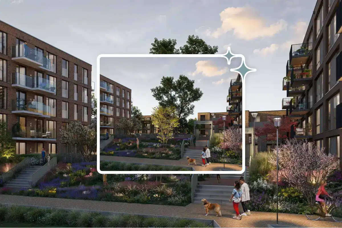 Modern woningcomplex met groene gemeenschappelijke tuin en recreatieve voorzieningen in een urbanisatie.