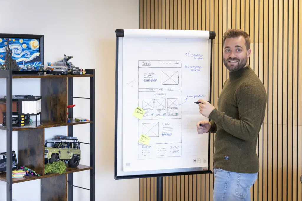 Designer presenteert wireframes op een groot flip over board.