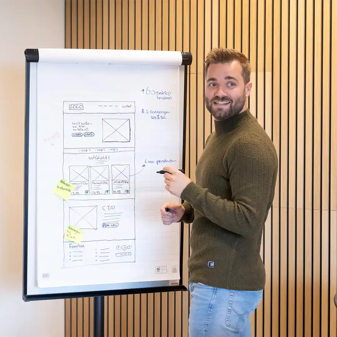 Designer is een wireframe aan het presenteren voor een flap over board met een stift in zijn hand.