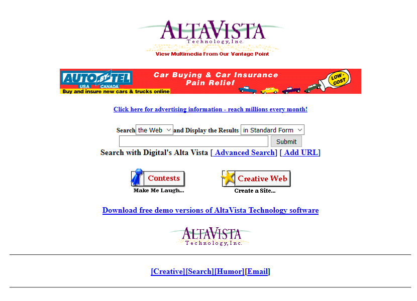 Een screenshot van zoekmachine altavista uit1996