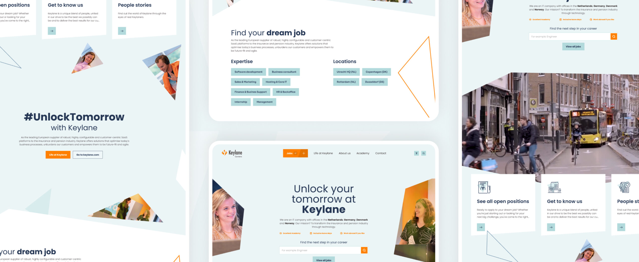 4 mobiele schermen schuin naast elkaar met het visuele design van careers van Keylane.