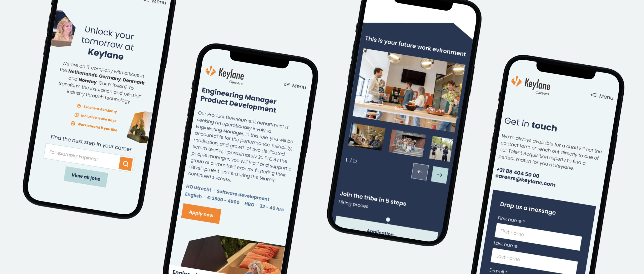 4 mobiele schermen schuin naast elkaar met het visuele design van careers van Keylane.