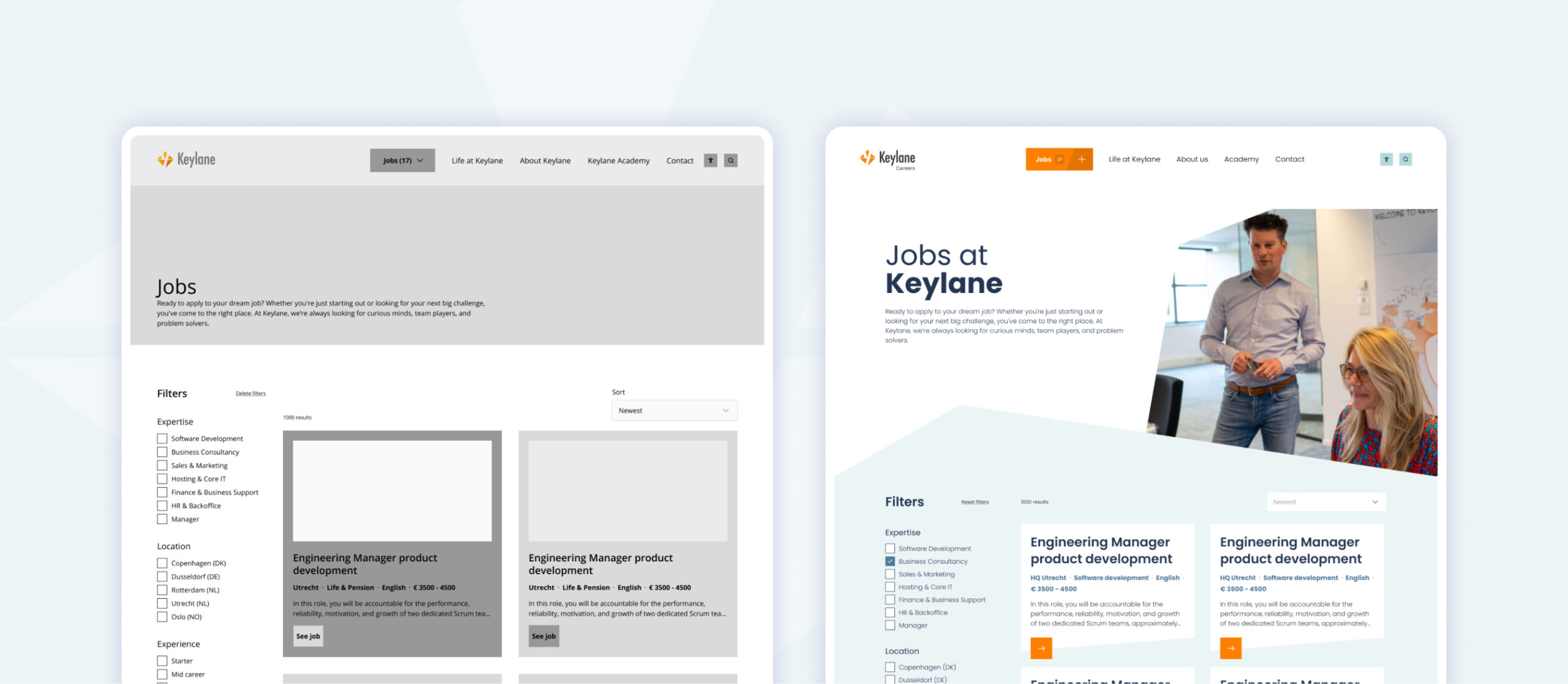 Wireframe en visueel design van de jobs overzicht pagina op desktop naast elkaar.